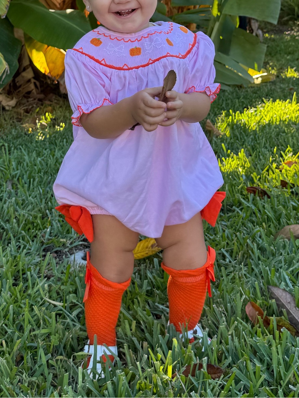 Smocked Flamingo Size 18M Pink Smocked Baby One-Piece with Orange Trim
